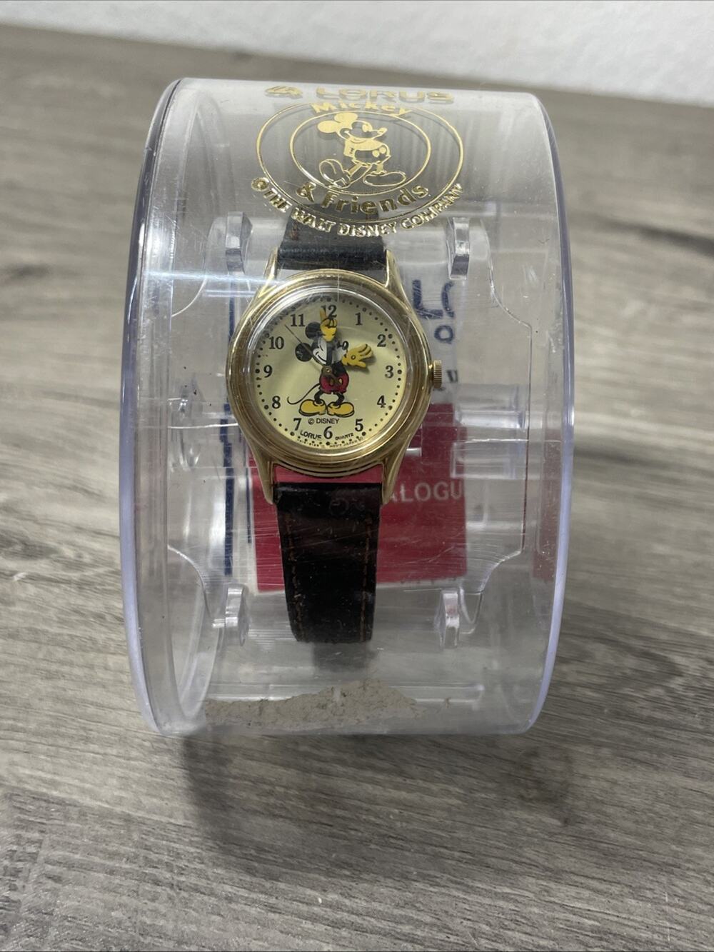 Vintage Disney Mickey Mouse Lorus Leather Band Watch Water Resistant Gold Tone